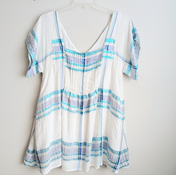 Free People Dress Women's Size Medium Blue Plaid Metallic Barcelona Boho Hippie - Picture 2 of 11
